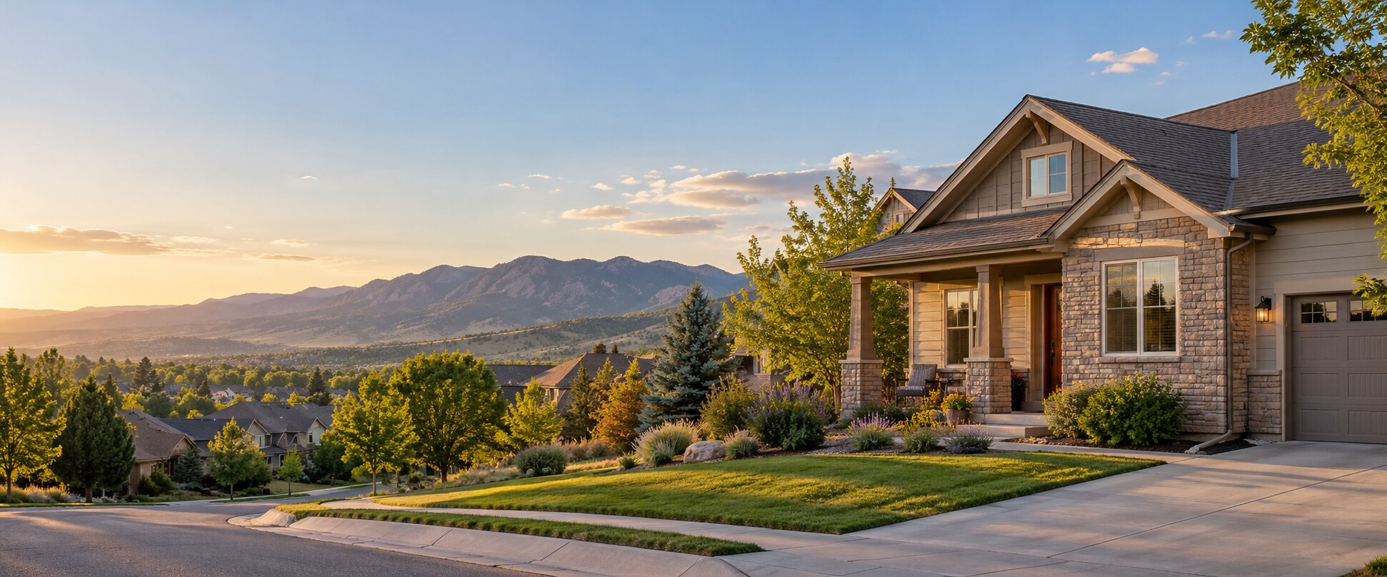 Northern Colorado home overlooking the Front Range in warm evening light